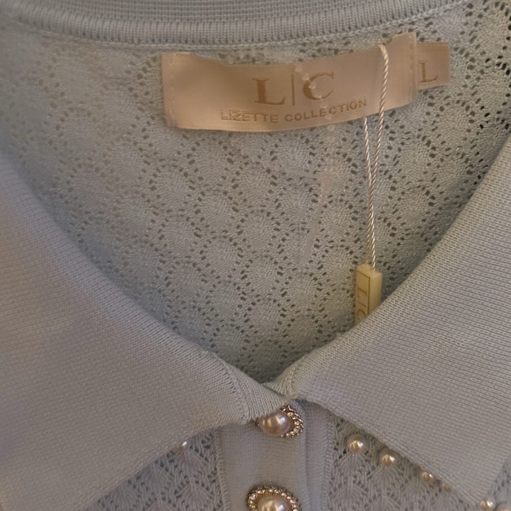 Powder Blue Diamond Pattern Pearl Adorned Sweater Juniors Large NWT - Picture 3 of 7